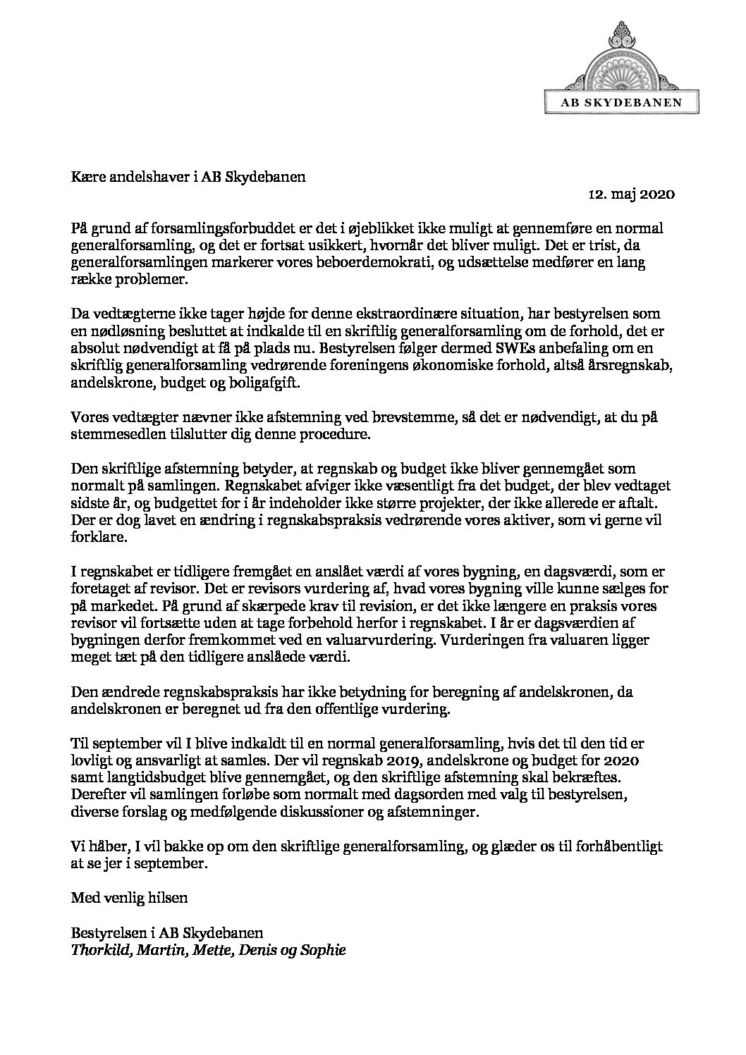 Bestyrelsens følgebrev, skriftlig nød-generalforsamling den 28. maj 2020