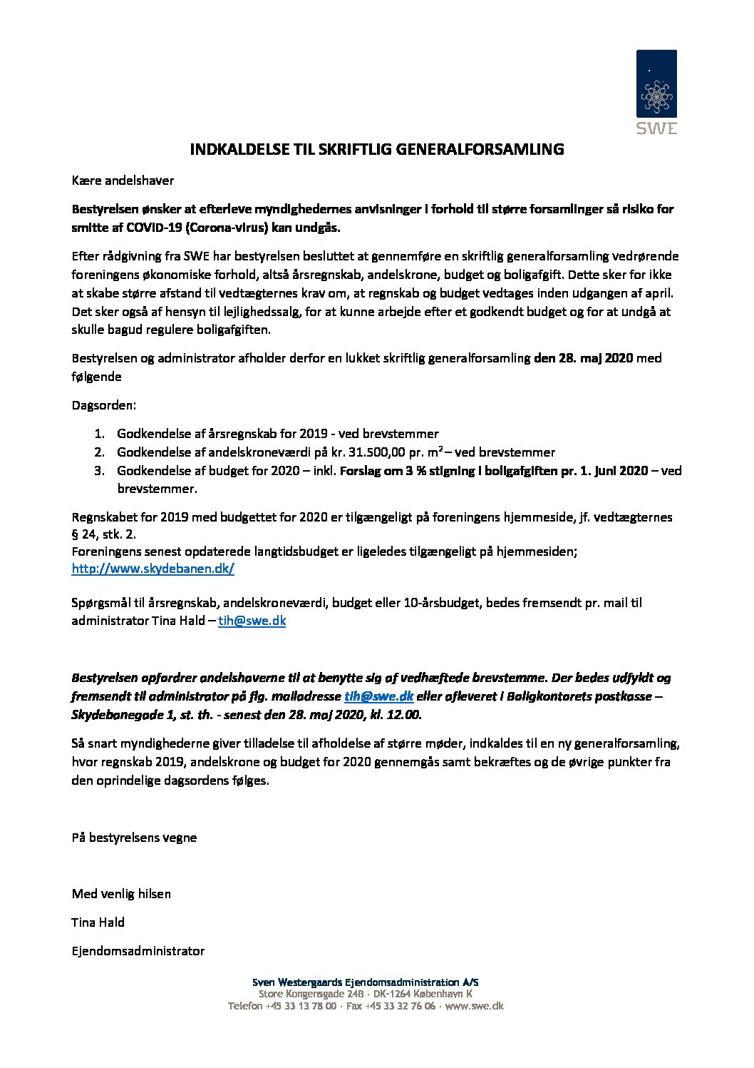 Indkaldelse, skriftlig nød-generalforsamling den 28. maj 2020